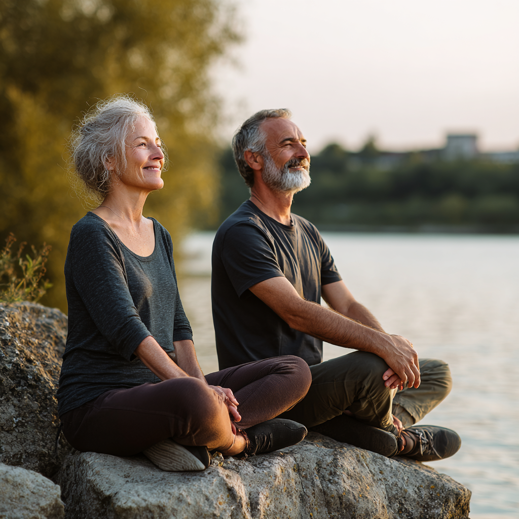 middle-aged adults in peaceful natural setting showing wellness and vitality