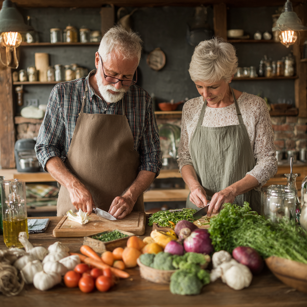 middle-aged adults preparing nutritious meal with fresh vegetables and herbs